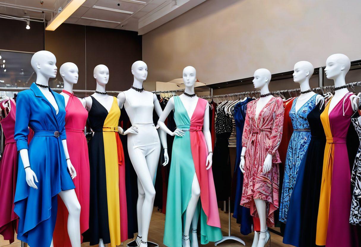 A scene of a bustling fashion boutique with mannequins dressed in the latest trendy outfits, vibrant sale signs, and chic accessories scattered around. Stylish women, all with unique looks, are joyfully browsing, trying on clothes, and sharing fashion tips. super-realistic. vibrant colors. dynamic atmosphere.