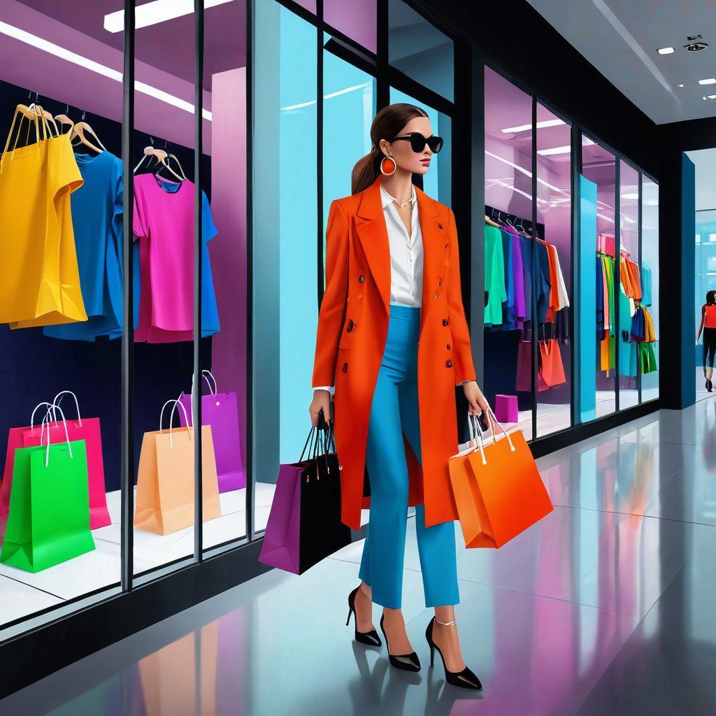 A chic runway model seamlessly transitioning into an everyday fashionista, striding through a digital hallway filled with vibrant online store windows showcasing trendy clothes and accessories. Each window has a 'Sale' tag, and shopping bags are overflowing with stylish apparel. Modern, dynamic, and stylish vibe. vector art. vibrant colors.
